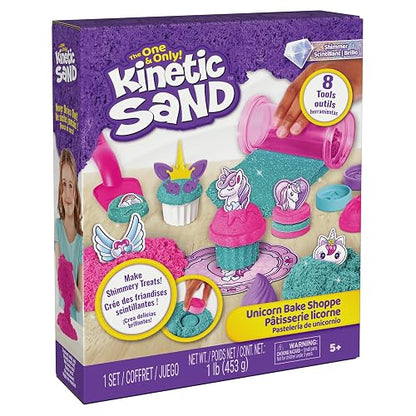 Kinetic Sand, set de juego Tienda de pasteles de unicornio, 453 g de Kinetic Sand (turquesa y rosa), 8 herramientas de unicornio, juguetes sensoriales para niños y niñas a partir de 3 años