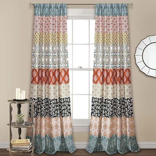 Lush Decor Par de Cortinas de Ventana de Rayas Bohemias Coloridas con diseño Atrevido, 52 Pulgadas de Ancho x 84 Pulgadas de Largo, Turquesa y Naranja