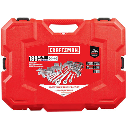 CRAFTSMAN - Juego de herramientas mecánicas de 189 piezas, juego de llaves de vaso de 1/4, 3/8 y 1/2 pulgadas con carraca más delgado, enchufes de acero de 6 y 12 puntos, llaves, llaves hexagonales y