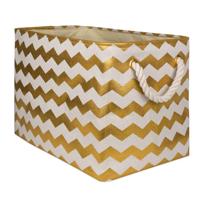 DII Collapsible Polyester Storage Basket or Bin with Durable Cotton Handles, Home Organizer Solution for Office, Bedroom, Closet, Toys, & Laundry (Large – 18x12x15"), Gold Chevron