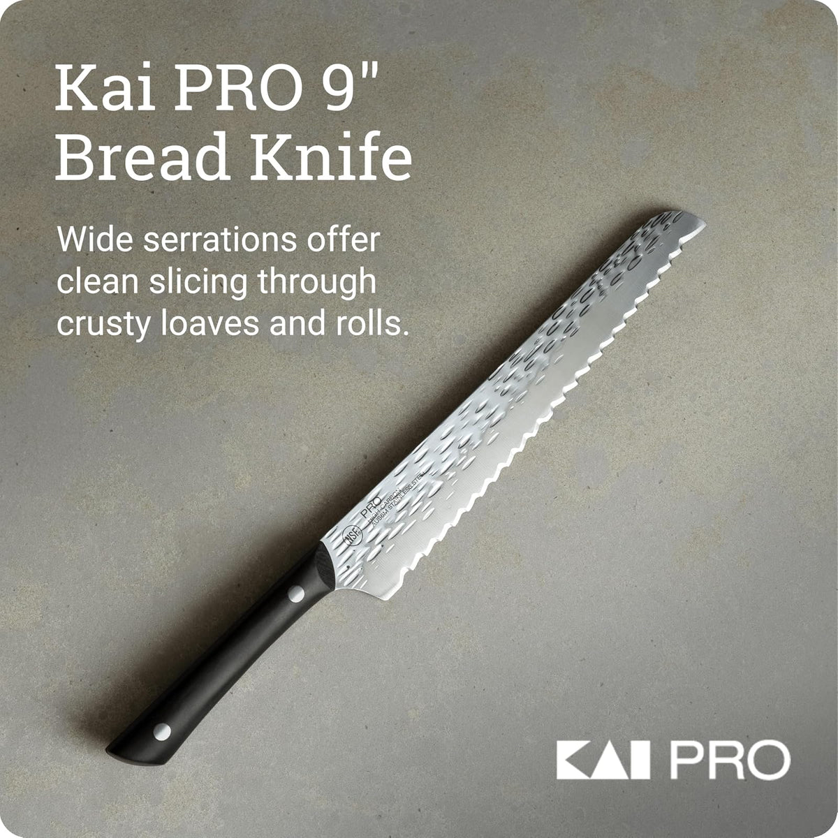 Kai PRO - Cuchillo para pan de 9 pulgadas, serrado, acero inoxidable AUS6M, mango POM, certificado NSF