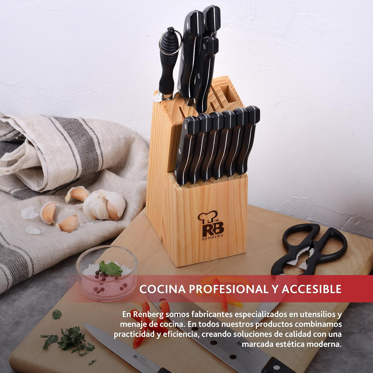 Renberg Tenessy - Cuchillos de bloque de acero inoxidable, plástico, madera, negro, 30 x 30 x 30 cm
