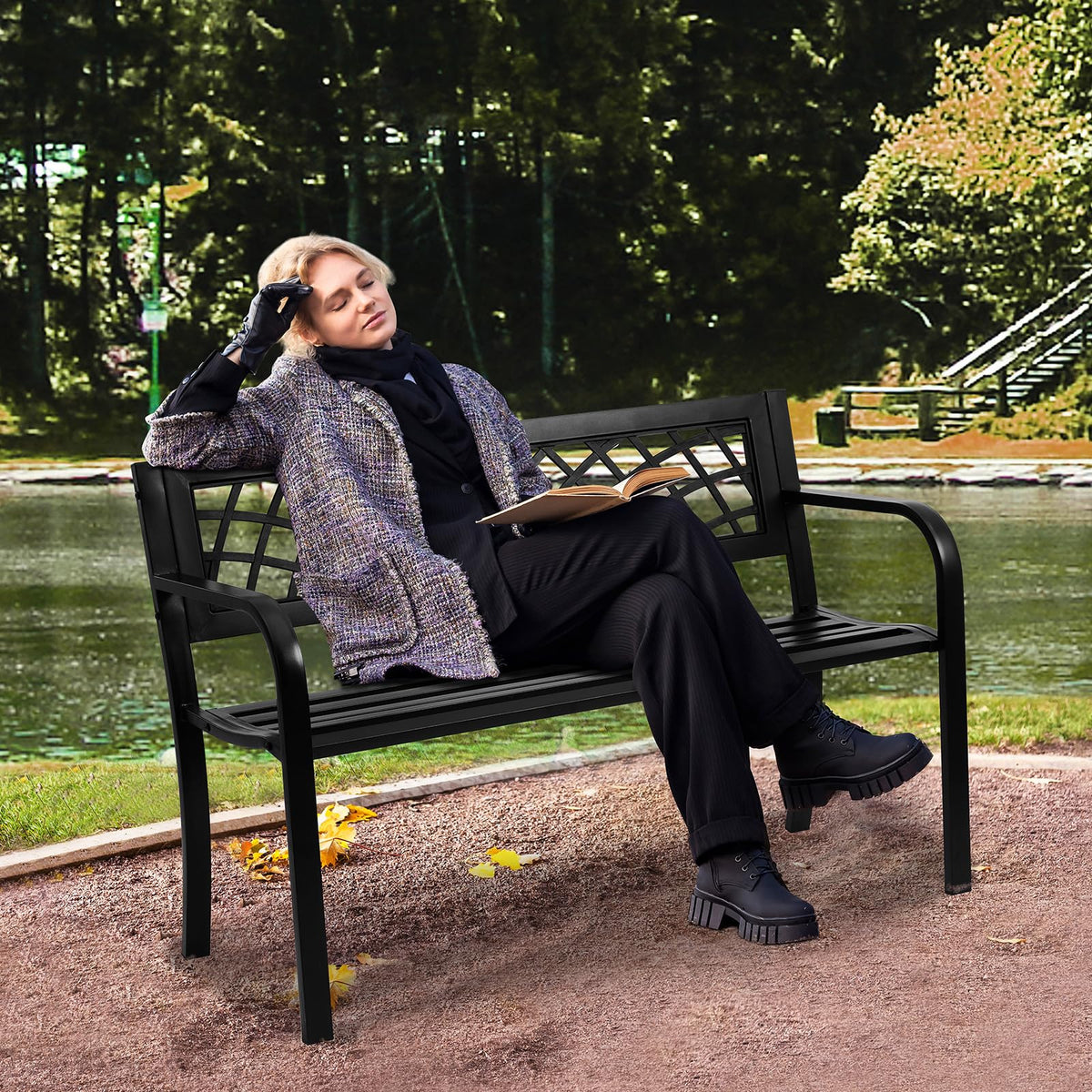 VEVOR Banco de Parque, Banco de jardín de Metal de 116,3 cm para Exteriores, Capacidad de Carga de 218 kg, con Respaldo y reposabrazos, para jardín, Parque, Patio, Porche Delantero