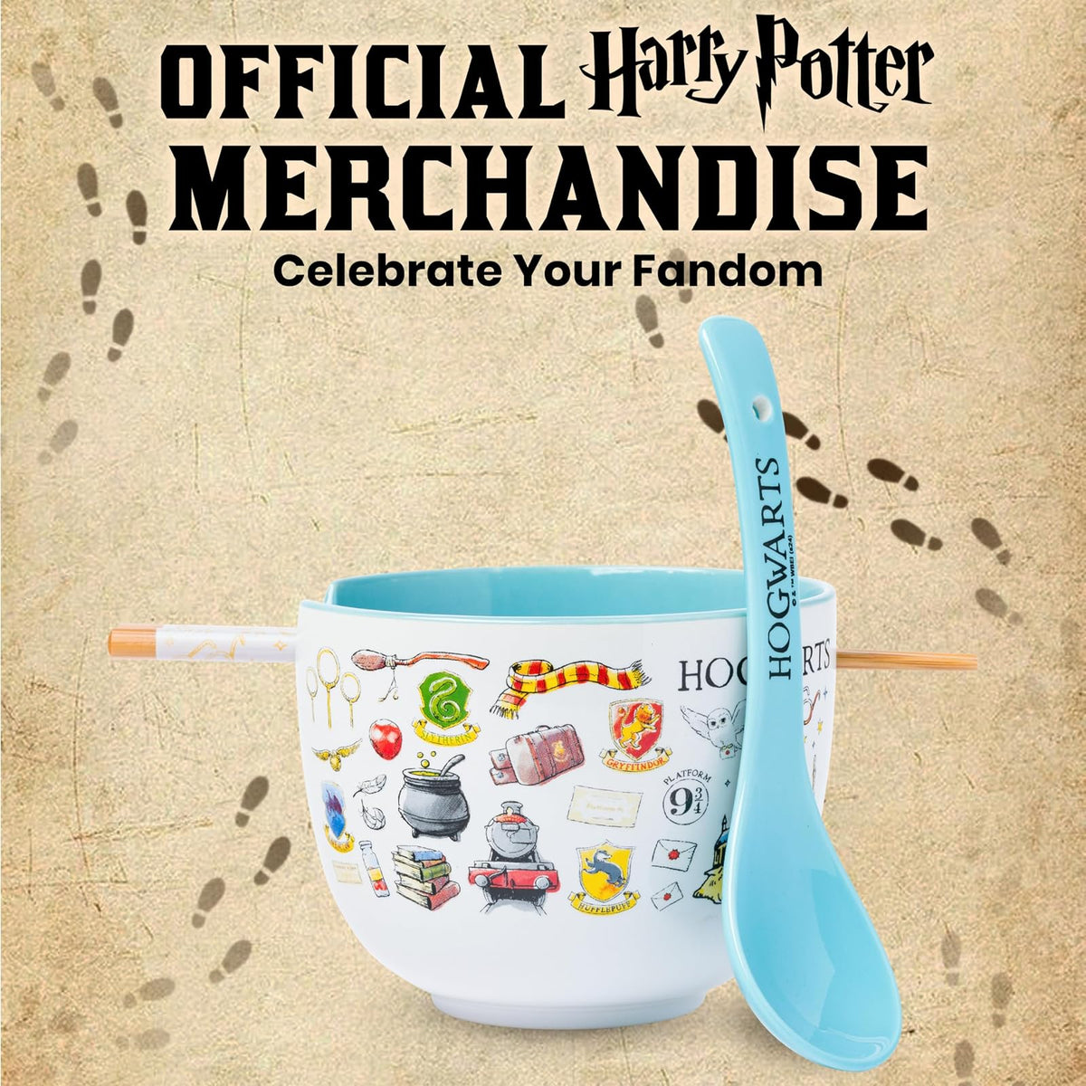 Silver Buffalo Harry Potter Hogwarts Destination - tazón de cerámica de ramen de 20 onzas con palillos y cuchara