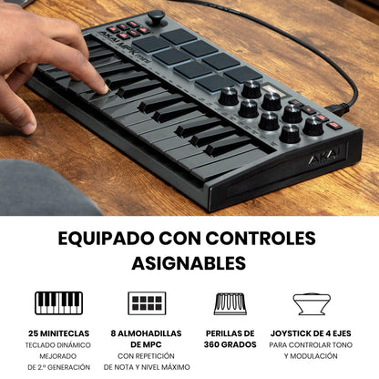 Akai Professional MPK Mini MK3 - Teclado Controlador MIDI USB de 25 Teclas con 8 Drum Pads, 8 Perillas, Software de Producción Musical y Native Instruments Sound Package (NKS Integration), Gris