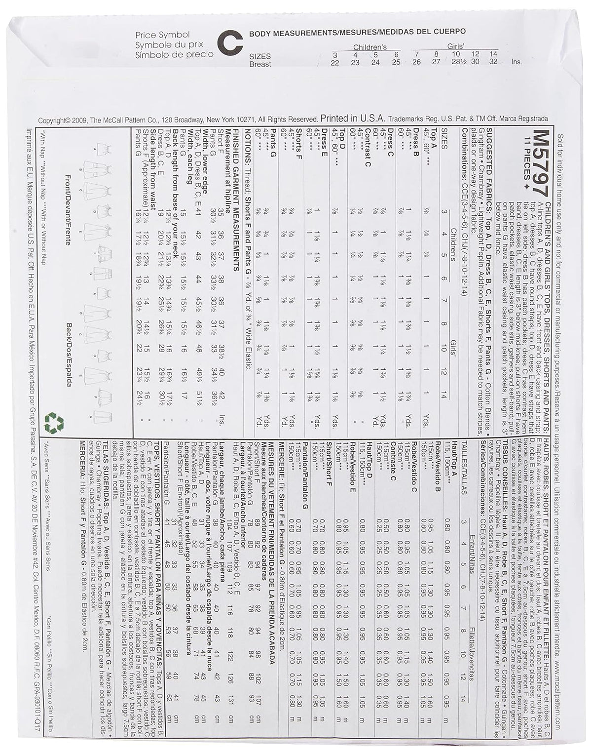McCall's Patterns M5797 - Patrones de Costura para Camisetas de niñas/niñas, Vestidos, Pantalones Cortos y Pantalones, Talla CHJ (7-8-10-12-14)