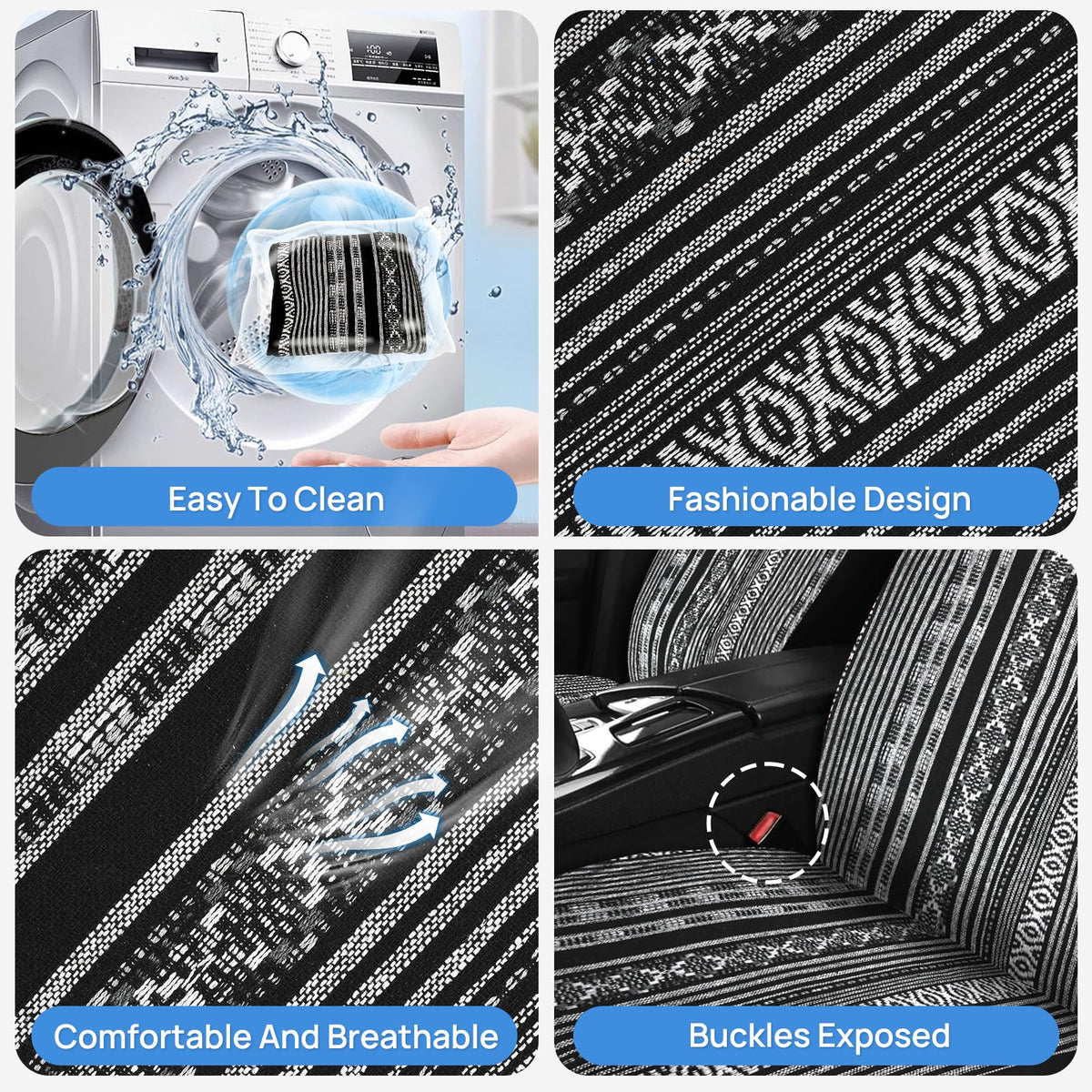 Nilight Car Seat Covers 2PCS Black Stripes Baja Saddle Blanket with Shoulder Pads Washable Striped Woven Airbag Compatible Universal for Cars SUV Truck Front Seat