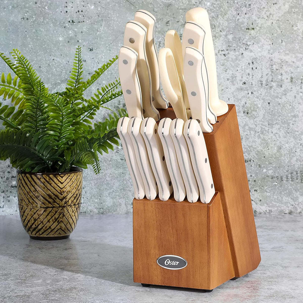Oster Evansville 14 Piece Cutlery Knife Block Set, Stainless Steel w/Linen White Handles
