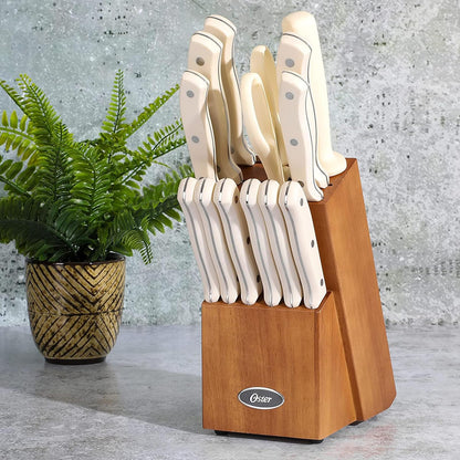 Oster Evansville 14 Piece Cutlery Knife Block Set, Stainless Steel w/Linen White Handles