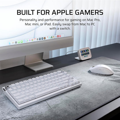 Corsair K65 Plus Teclado mecánico inalámbrico 75% RGB intercambiable en caliente para Mac y iPad – Interruptores lineales MLX Red v2 prelubricados, amortiguamiento de sonido – Diseño QWERTY NA, blanco
