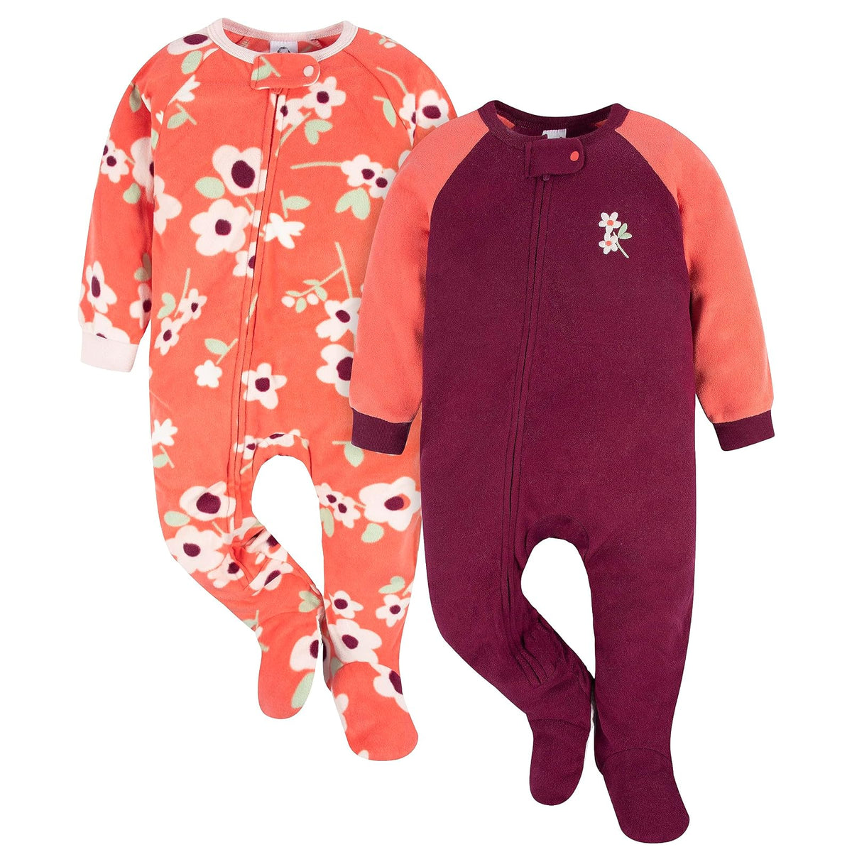 Gerber Pijama Festivo con pies de Forro Polar Resistente al Fuego para niños pequeños, Paquete de 2 Mamelucos para bebés y niños pequeños para Unisex bebé - Lanzamiento de flores moradas - 2 Años