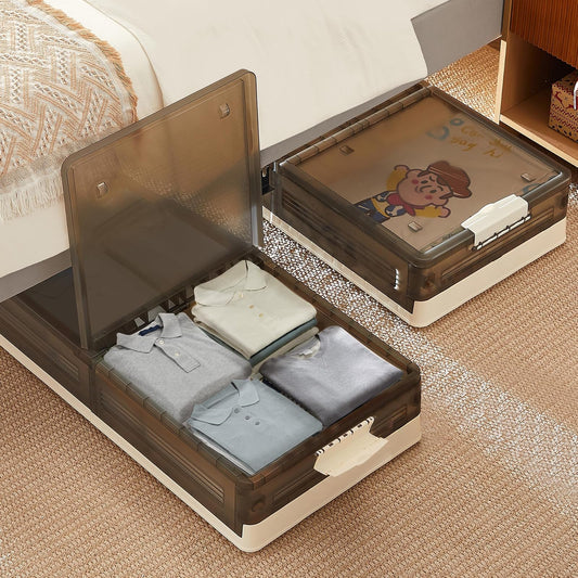 VECELO Almacenamiento debajo de la cama con ruedas, paquete de 2 contenedores apilables debajo de la cama, contenedores de almacenamiento debajo de la cama con tapas, caja plegable de plástico para