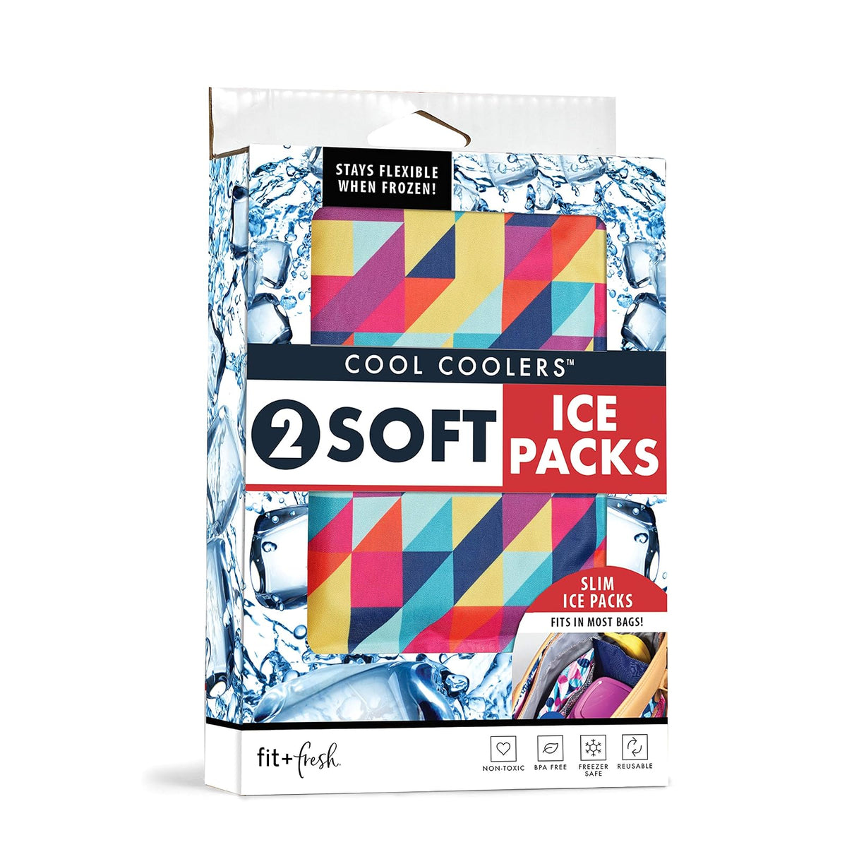 Fit & Fresh 10300K2FF - Juego de 2 cajas de hielo flexibles, bolsas de almuerzo y enfriadores, 5 x 7 x 0.25 pulgadas, multiprisma geeo y cobalto