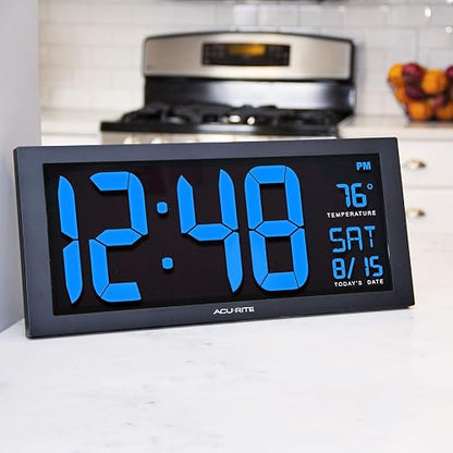 AcuRite 75127 Oversized Reloj LED con Temperatura Interior, Fecha y Soporte Plegable, 36,8 cm, Azul