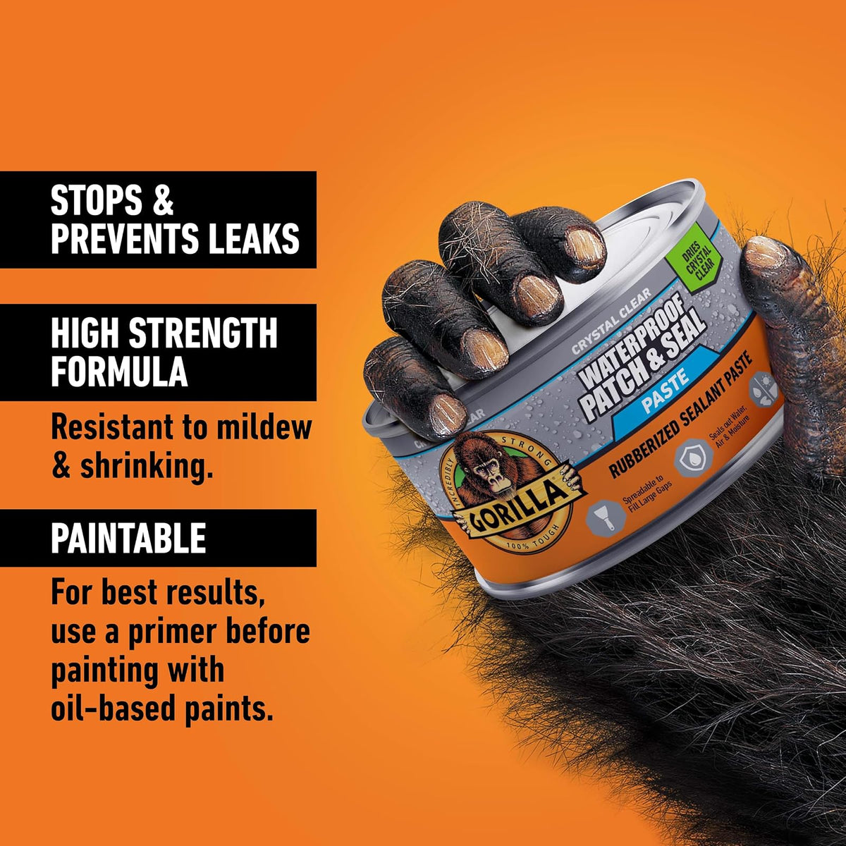 Gorilla - Pasta selladora de goma impermeable con parche y sello, lata de 12 onzas, transparente (paquete de 1) - Detiene fugas, relleno flexible de huecos y grietas, resistente al encogimiento y al
