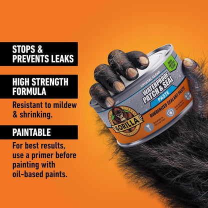 Gorilla - Pasta selladora de goma impermeable con parche y sello, lata de 12 onzas, transparente (paquete de 1) - Detiene fugas, relleno flexible de huecos y grietas, resistente al encogimiento y al