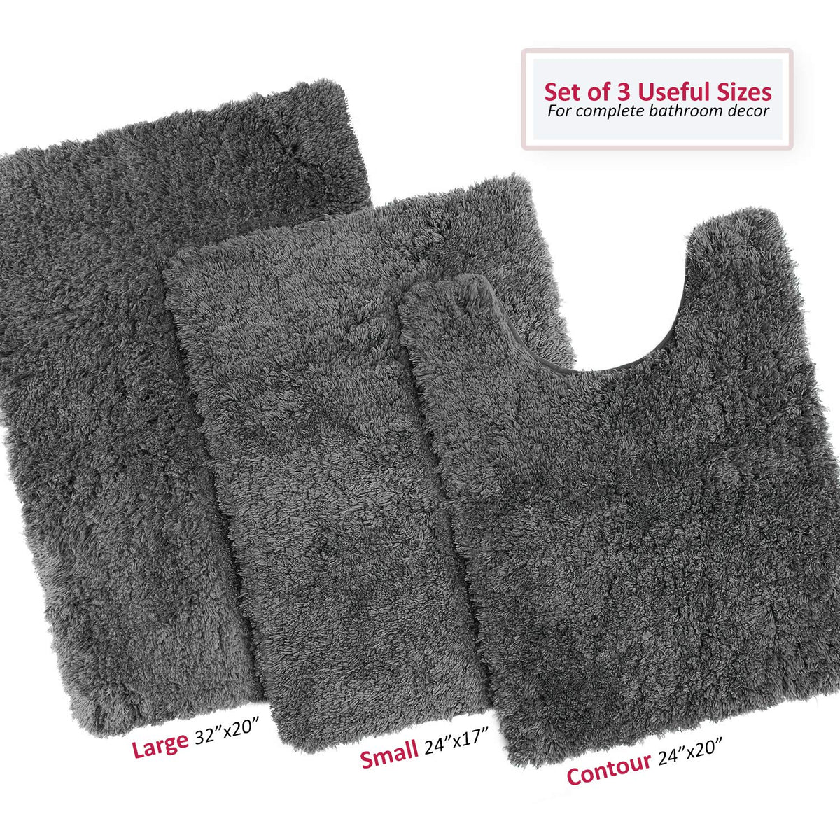 Clara Clark - Alfombra de baño de Pelo Largo con Base Antideslizante de Goma Supersuave, Gris, Set de 3 Piezas, 1