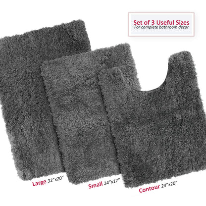Clara Clark - Alfombra de baño de Pelo Largo con Base Antideslizante de Goma Supersuave, Gris, Set de 3 Piezas, 1