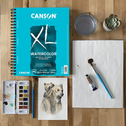 Canson Libreta XL Watercolor 9x12 In (22.9 x 30.5 cm) 140 LB 300g | Lado de alambre, 30 hojas (300 g) para pintura, lápiz, tinta, carbón, pastel, acrílico