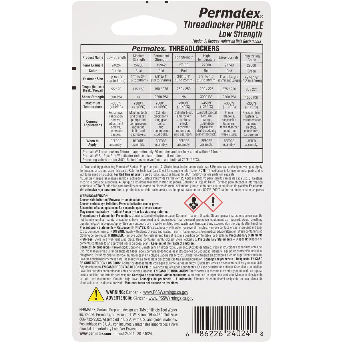 Permatex Enganche de Rosca de Baja Resistencia Morado 24024, 6 mm