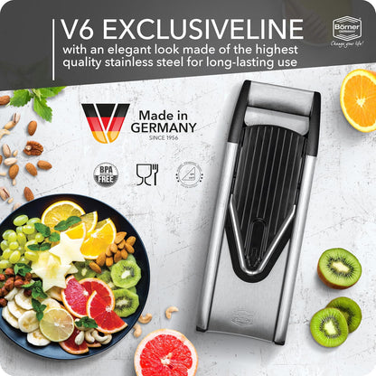 Börner by Reston Lloyd - Cortador de mandolina V6 (juego profesional) - Cortador de acero inoxidable con hoja en V - Cortador de cocina ajustable para verduras y frutas • Varios grosores y rallador