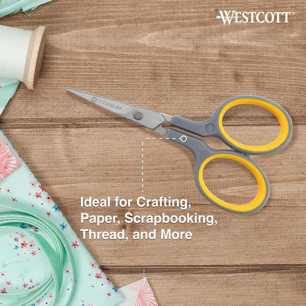 Westcott - Tijeras de bordado de 4 pulgadas con hojas de titanio para manualidades, costura y más, gris/amarillo