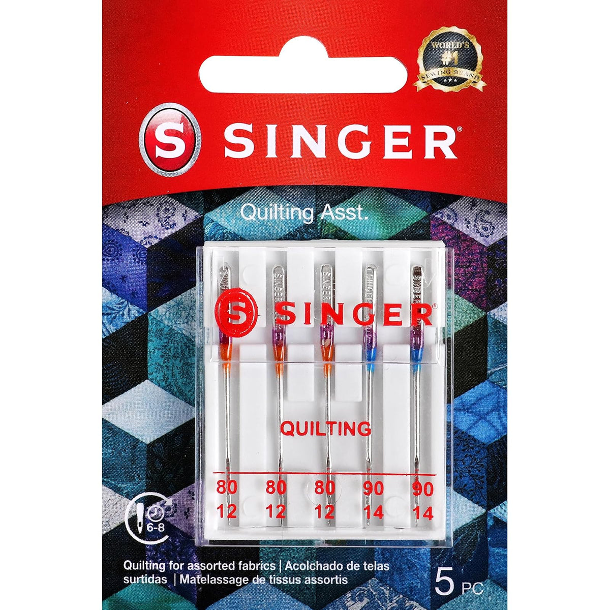 Singer 44729 Agujas para máquina de acolchar, tamaños 80/11 y 90/14, multicolor, 5 unidades