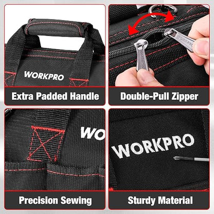 WORKPRO - Bolsa de herramientas de 35,5 cm, organizador de herramientas multibolsillos con correa de hombro ajustable, W081021A, negro
