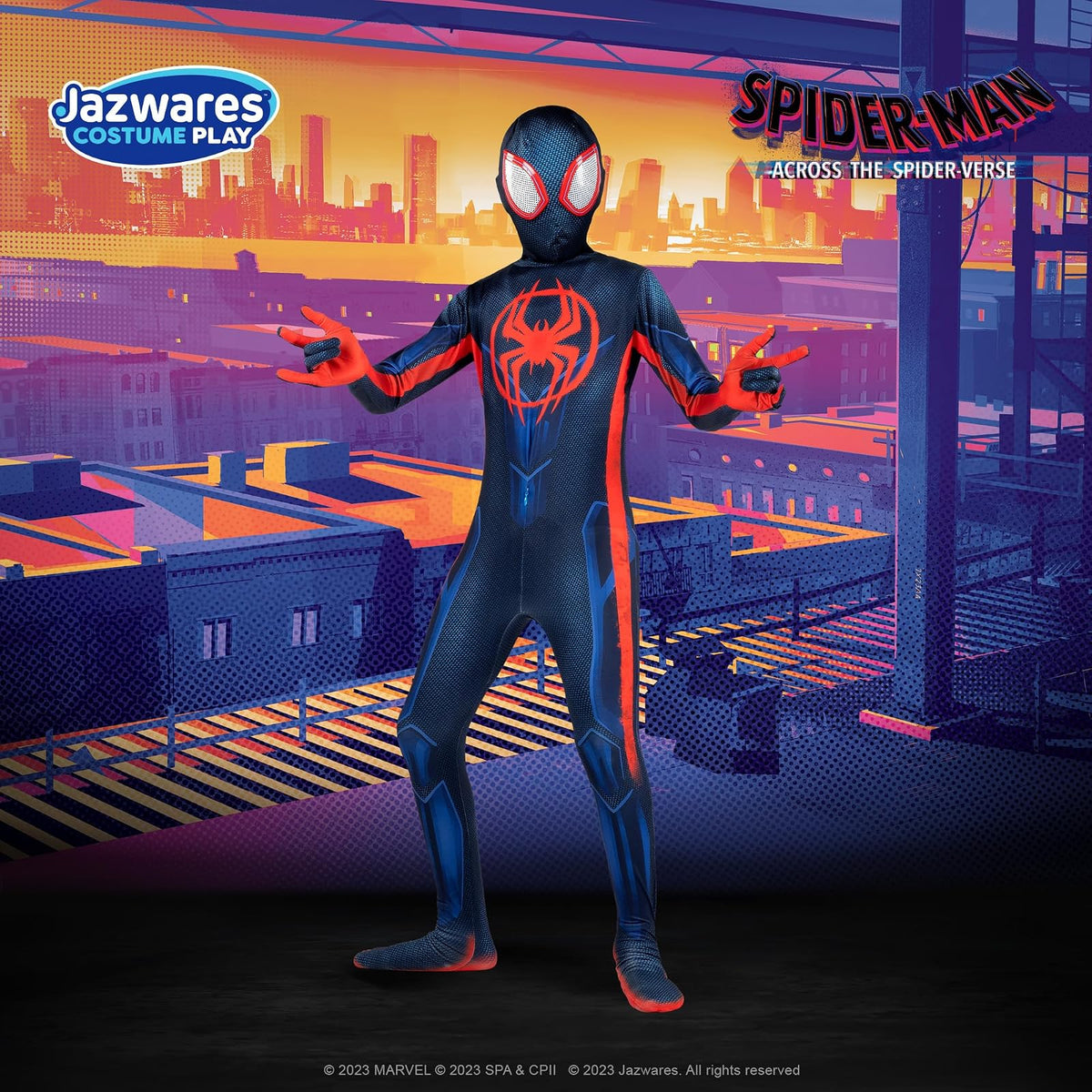 Marvel Miles Morales: Disfraz oficial de Zentai de Spider-Man para jóvenes, elastano elástico con cremalleras ocultas, aberturas para la muñeca (L) Multi