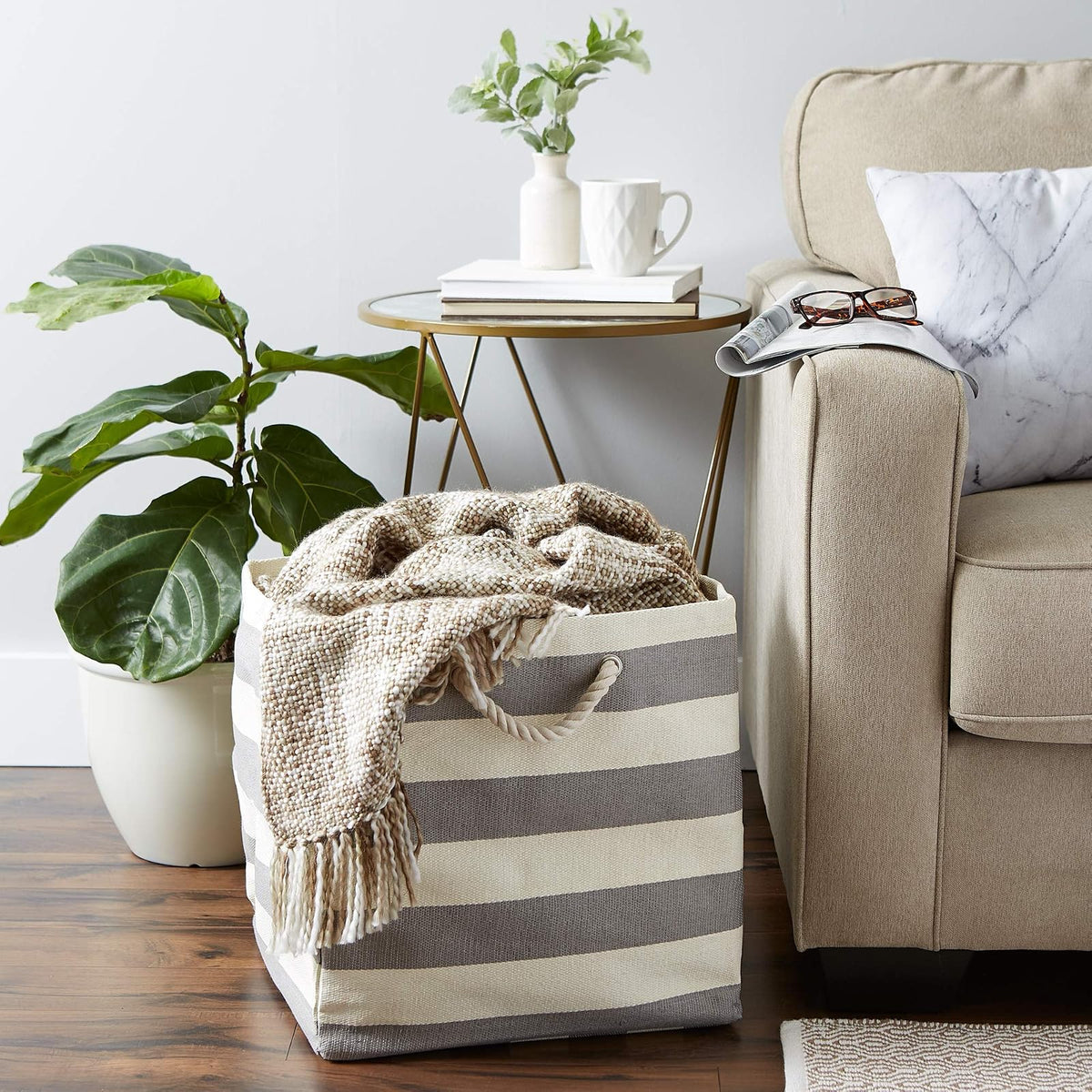 DII Oversize Woven Paper Storage Basket or Bin, Collapsible & Convenient Home Organization Solution for Office, Bedroom, Closet, Toys, & Laundry (Large Square 16x16x16") - Gray Rugby Stripe