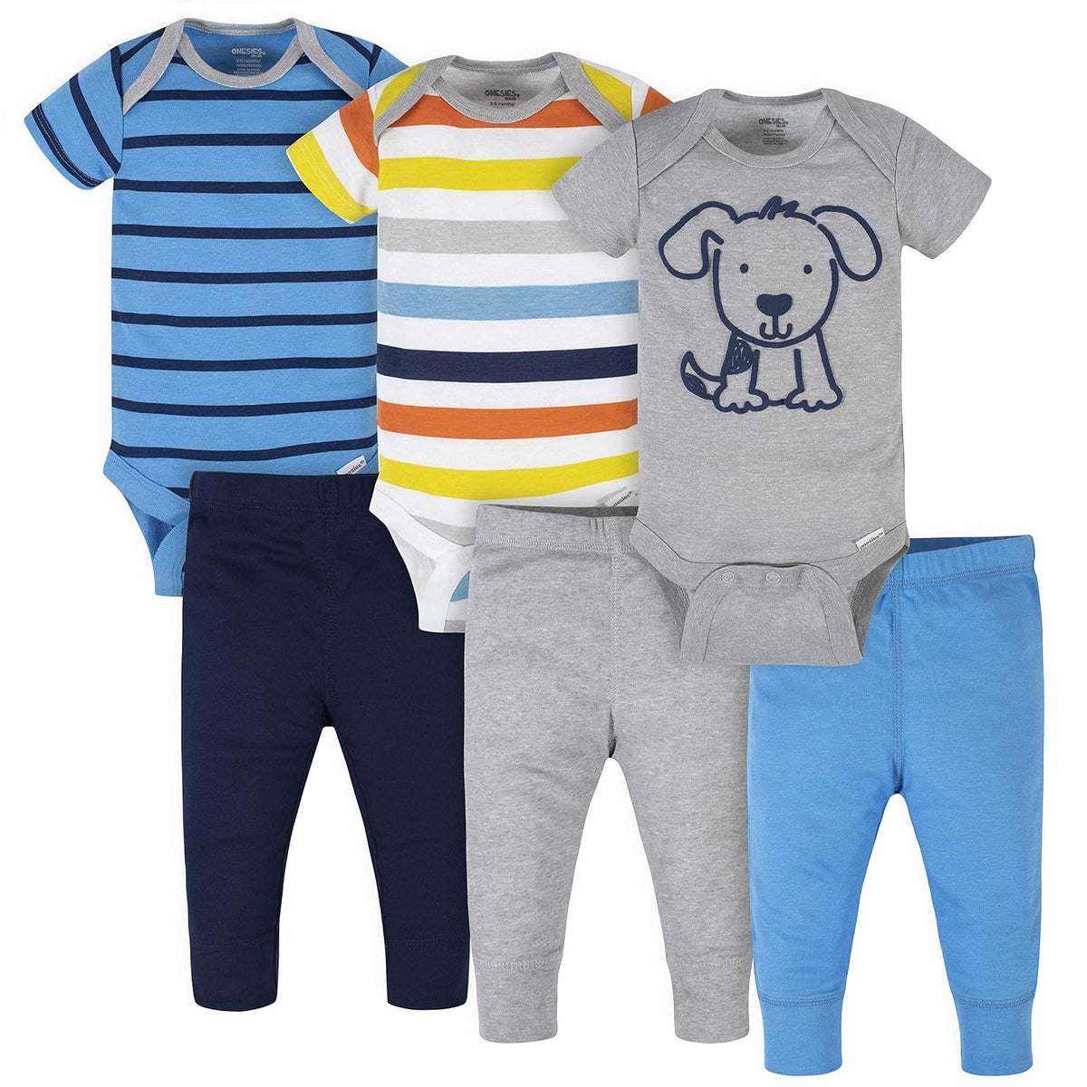 Onesies Brand Conjunto de 3 Mamelucos y 3 Pantalones para Bebé Niño - Rayas azules para perros - 12 Meses