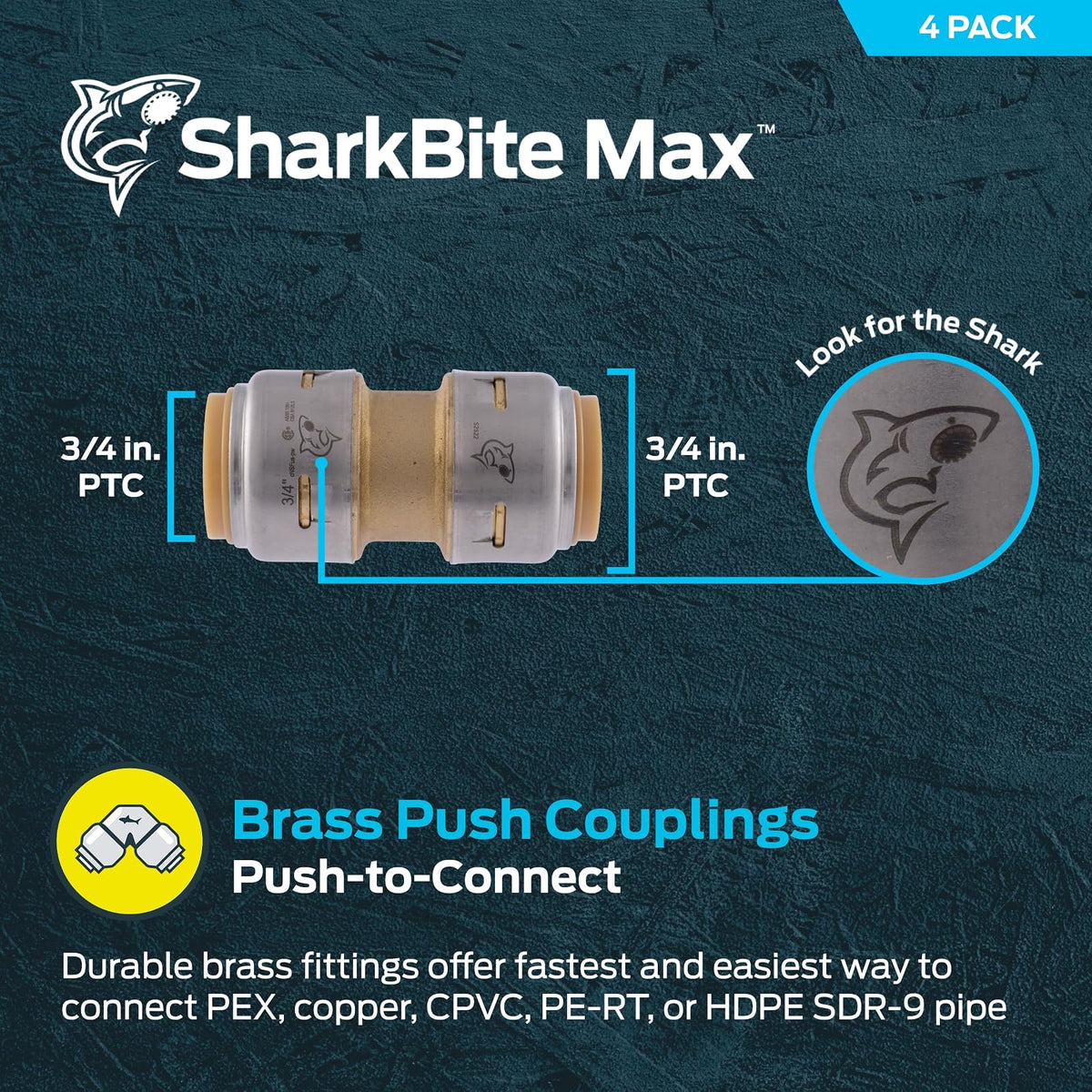 SharkBite Max 3/4 pulgadas, paquete de 4, ajuste de fontanería de latón a presión para conectar, tubería PEX, cobre, CPVC, PE-RT, HDPE, UR016A4