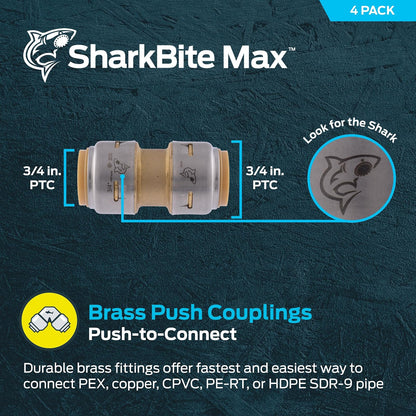 SharkBite Max 3/4 pulgadas, paquete de 4, ajuste de fontanería de latón a presión para conectar, tubería PEX, cobre, CPVC, PE-RT, HDPE, UR016A4