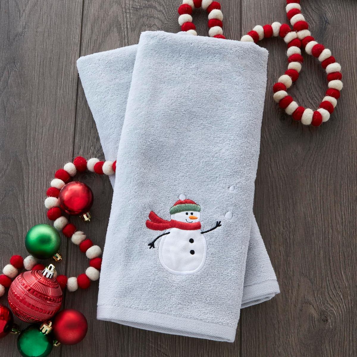 SKL Home - Juego de 2 Toallas de Mano de muñeco de Nieve para Navidad/Invierno con Bolas de Nieve, para baño, Cocina y Regalo, Color Gris