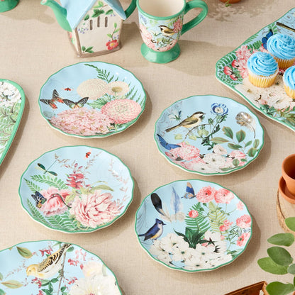 Flora - Juego de 4 platos de ensalada - Platos de cerámica de 9 pulgadas con vibrantes diseños florales, mariposas y libélulas, vajilla duradera para ensaladas, aperitivos y postres