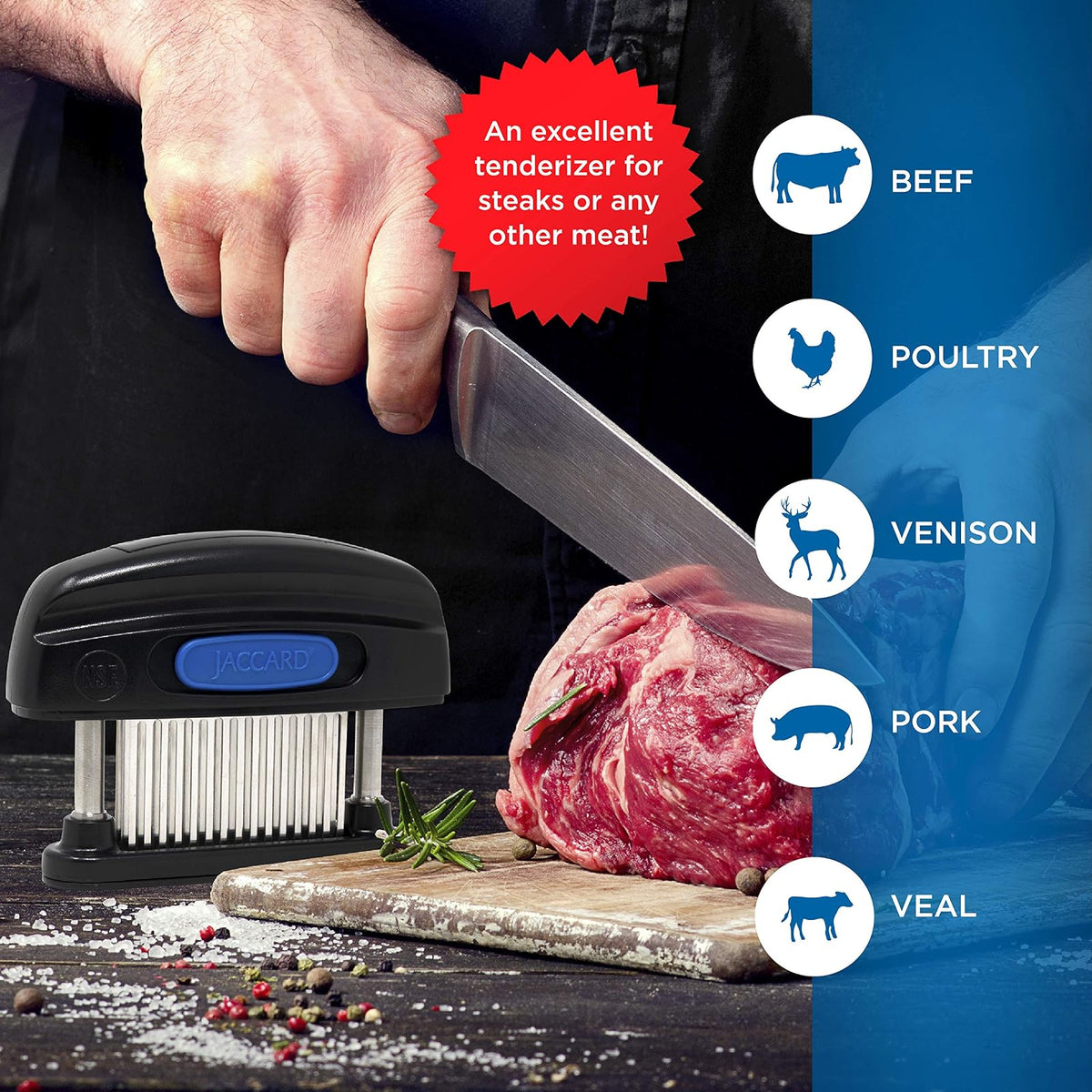 Jaccard Ablandador de carne de 45 hojas, simplemente mejor ablandador de carne, columnas de acero inoxidable/cartucho extraíble, aprobado por NSF, negro