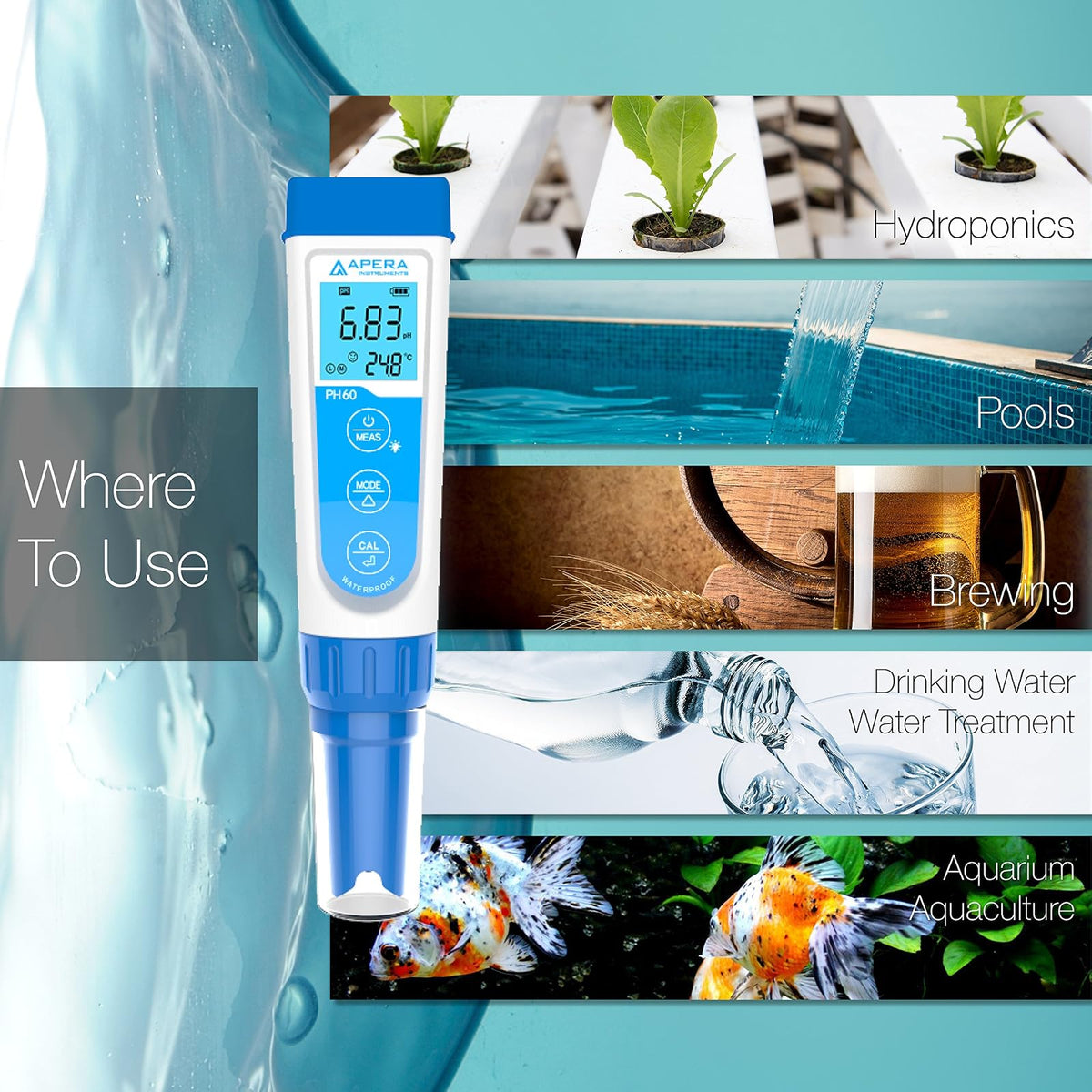 Apera Instruments PH60 Probador de bolsillo de pH impermeable premium, sonda reemplazable, precisión de pH ±0,01, rango de pH de -2,00 a 16,00