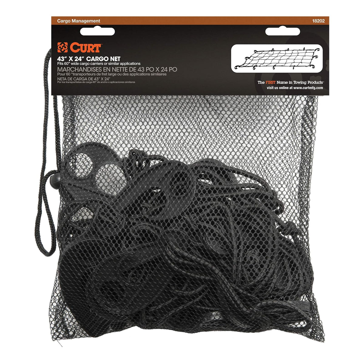 CURT Red de Carga Elástica 18202, 43 x 24 in, con Ganchos para Portador de Enganche, Negro