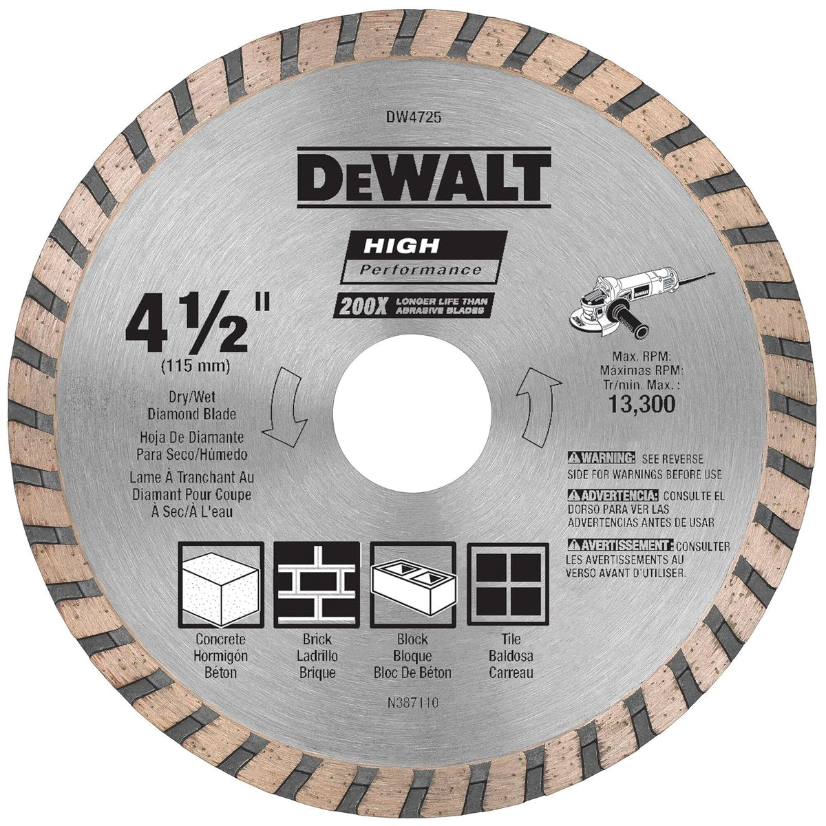 DEWALT Hoja De Diamante Para Mampostería, Corte En Seco, Borde Continuo, Eje De 7/8 Pulgadas, 4-1/2 Pulgadas (Dw4725)