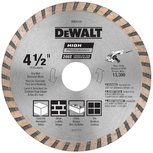 DEWALT Hoja De Diamante Para Mampostería, Corte En Seco, Borde Continuo, Eje De 7/8 Pulgadas, 4-1/2 Pulgadas (Dw4725)