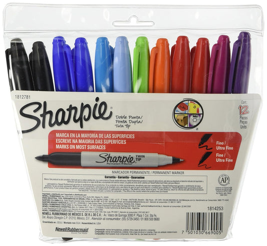 SHARPIE 1812781 Twin Tip Marcador Permanente 2 en 1, Estuche de 12 Colores Surtidos