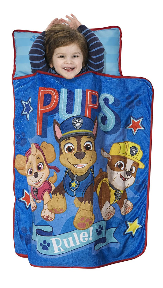 Paw Patrol We a Team - Juego de colchoneta de siesta acolchada con almohada integrada y manta de felpa - Tapete portátil para siesta para guardería, preescolar, fiestas de pijamas y viajes, para niños