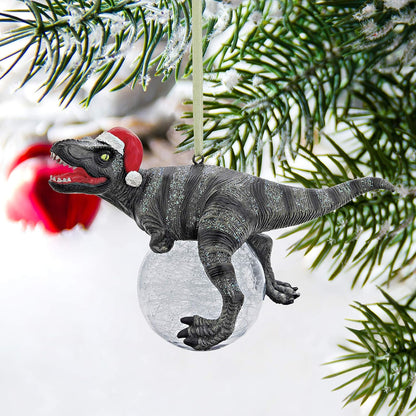 Design Toscano Blitzer The T Rex - Adorno para árbol de Navidad, 5 Pulgadas de Largo, Resina de Piedra fundida con Bola de Vidrio, Acabado Verde con Purpurina