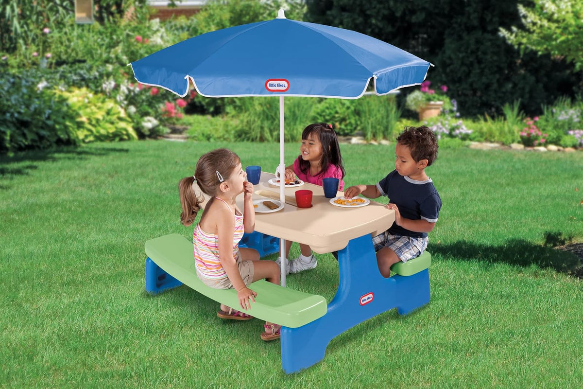 Little Tikes Easy Store Picnic Table with Umbrella, Multicolor, 42.00''L x 38.00''W x 19.75''H