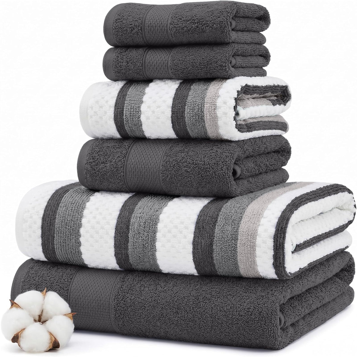 Modern Threads Pax - Juego de 6 Toallas Reversibles teñidas de Hilo Jacquard, Toallas de baño, Toallas de Mano y paños de baño, súper absorbentes y de Secado rápido, 100% algodón Peinado, carbón - Pequeño - Carbón