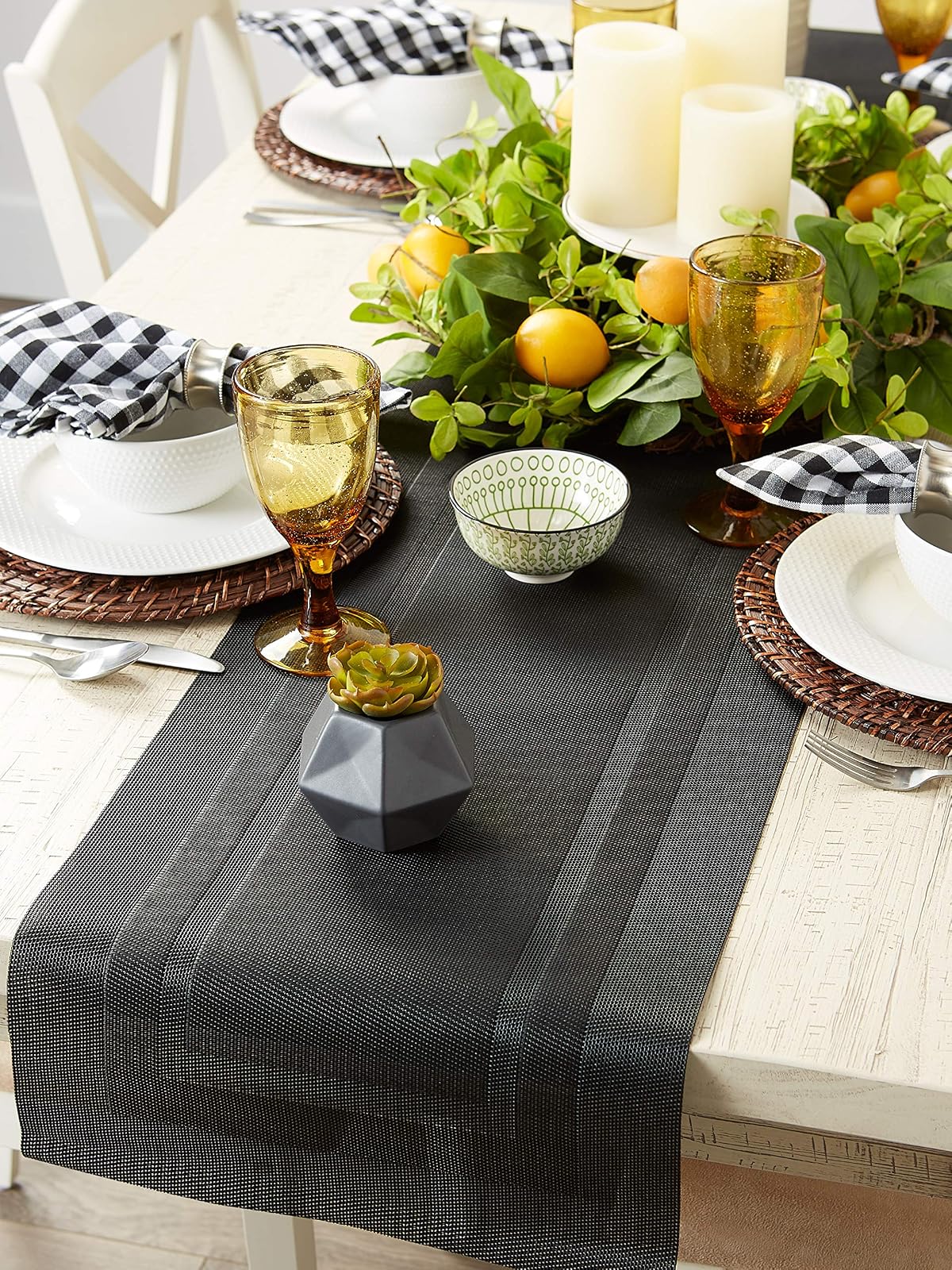 DII Everday, Easy to Clean Indoor/Outdoor Woven Vinyl 14x72" Double Border Table Runner, Black
