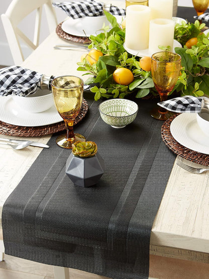 DII Everday, Easy to Clean Indoor/Outdoor Woven Vinyl 14x72" Double Border Table Runner, Black