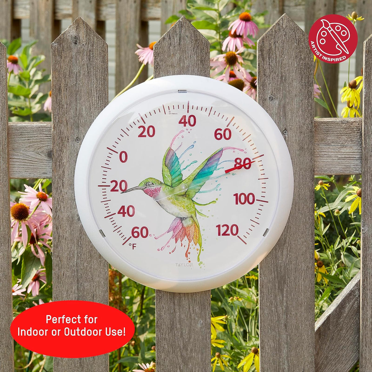 Taylor Watercolor Series - Termómetro de esfera de colibrí arcoíris para interiores y exteriores, decoración del hogar para patio, piscina o cochera, 13.3 pulgadas, bisel blanco