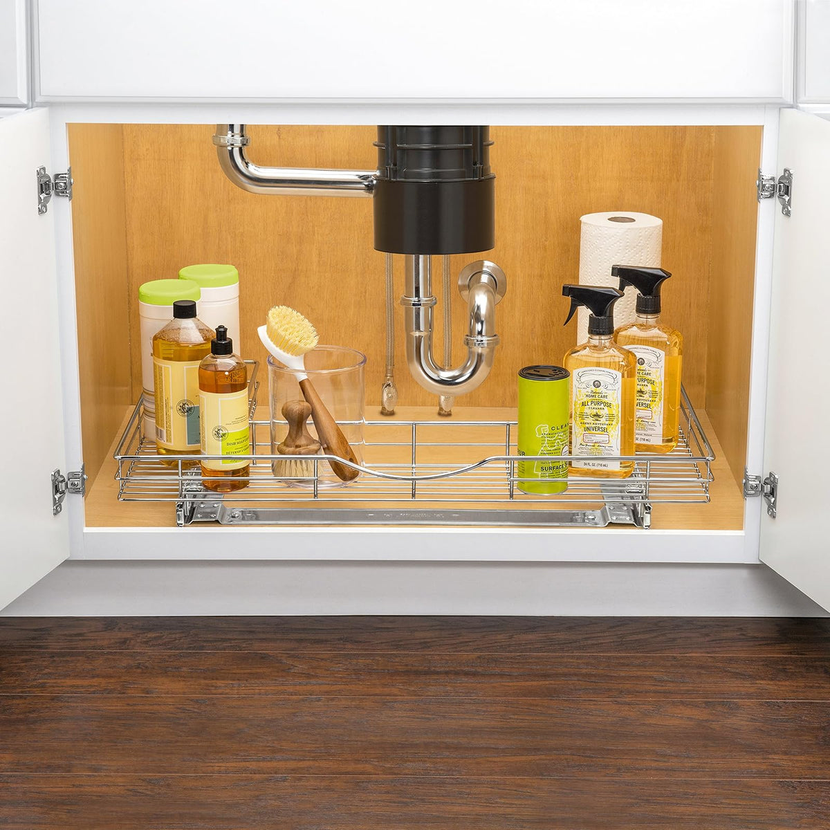 Lynk Organizador de clóset de baño para colocar bajo el lavabo profesional con ruedas – Dos cajones extraíbles con estante deslizante – 29,2 cm ancho x 45,7 cm profundo – Cromo, Organizador en forma de U para debajo del fregadero, Cromado, 1