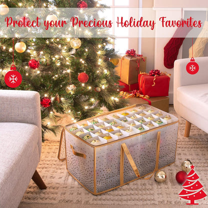 Simplify Organizador de 128 Unidades de Almacenamiento de Adornos de Navidad | Dimensiones: 26.5 x 13.5 Pulgadas, Dorado, Asas fáciles de Llevar, organización navideña, Cierre de Cierre, Capacidad